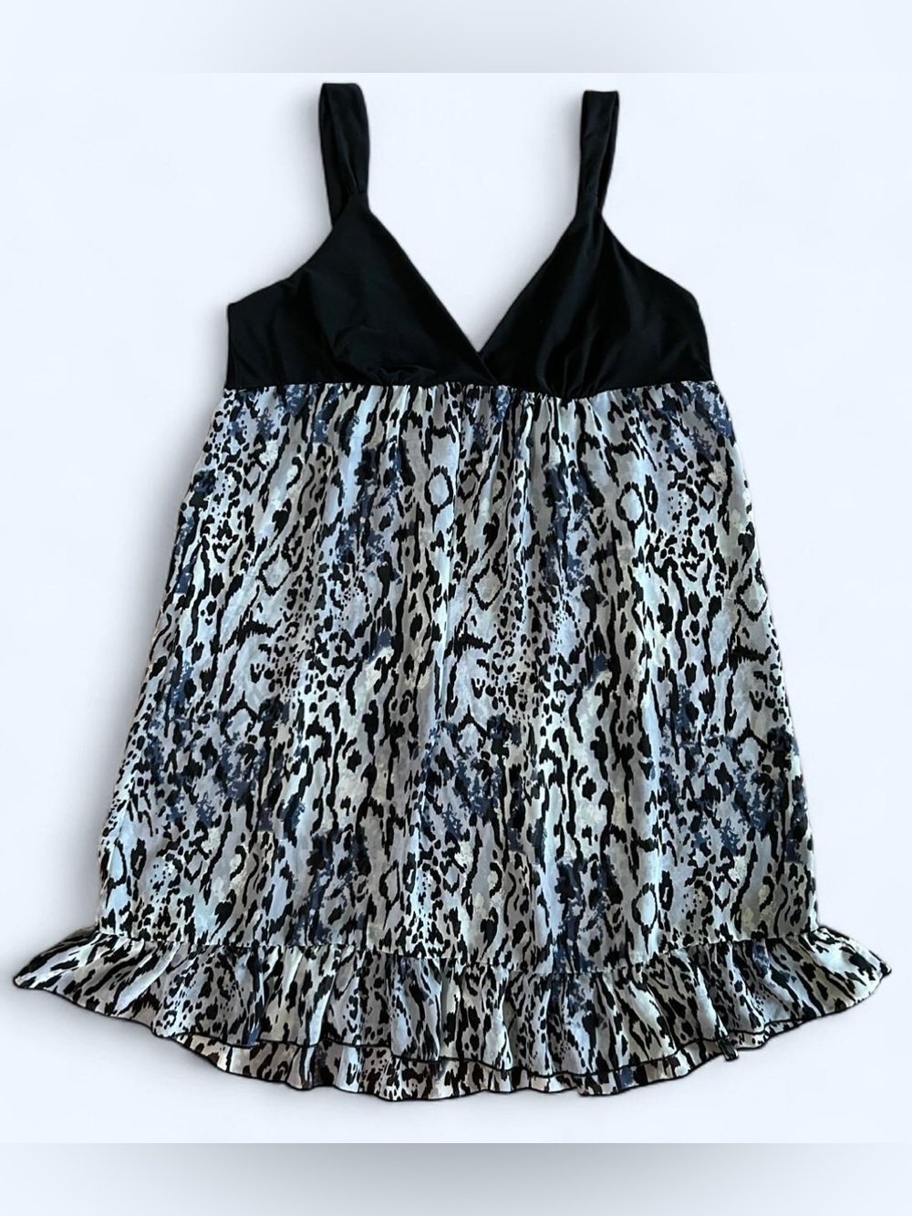 Gilligan & O'Malley Black Bodice with Blue and Gray Animal Print Babydoll Dress